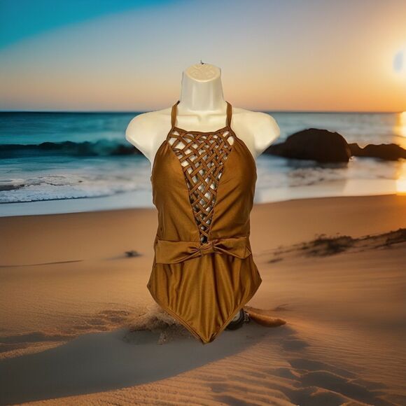 Venus Other - Venus Bronze Brown Crisscross Cutout Halter Faux Belt w/Buckle One Piece Sz 8